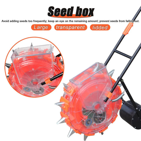 Close-up of seed box on Manual 12 Nozzles Garden Seeder Roller For Corn And Beans Hand Push Seed Spreader With Precise Spot Planting