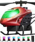 Red remote control RC helicopter with 40 minute flight time and dual batteries, auto obstacle avoidance, LED lights, and easy controls for kids.