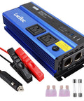 1000 Watt DC To AC Inverter With Dual 110V Outlets Smart Digital Display And Cigarette Lighter Adapter For Cars Trucks Rvs Boats showing digital display, two outlets, USB ports, and connection wires.