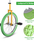 20 Inch Outdoor Unicycle With Adjustable Seat For Adults And Kids, Durable Manganese Steel Frame, green tire detail, side view.