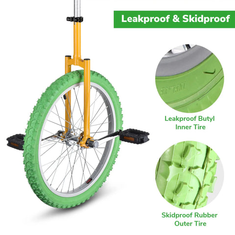 20 Inch Outdoor Unicycle With Adjustable Seat For Adults And Kids, Durable Manganese Steel Frame, green tire detail, side view.