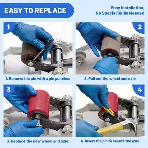 Heavy Duty Pallet Jack Wheels Replacement Kit With Pair Of Seven Inch Steering And Three Inch Load Rollers Red Polyurethane Finish Includes All Necessary Axles And Installation Tools To Knock Out Worn Parts And Get Your Rig Rolling Smooth Again