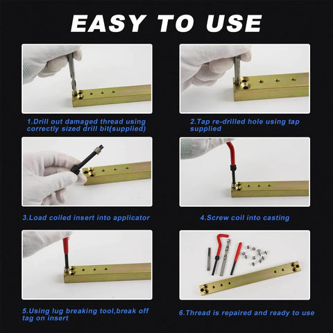 Step-by-step guide using 263 Piece Thread Repair Kit With HSS Drill Bits And Helicoil Inserts For Metric And SAE Threads Rethreading Tool