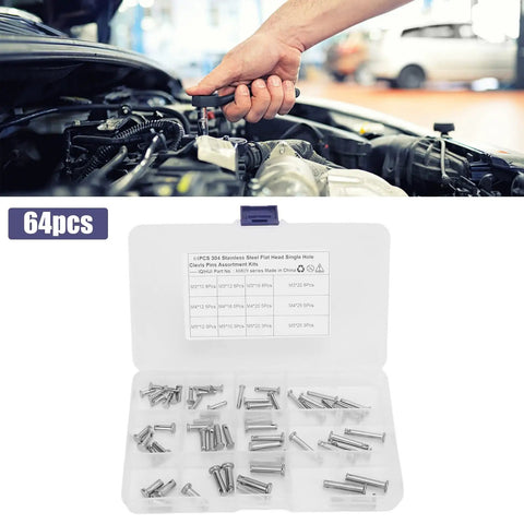Stainless Steel Clevis Pin Kit With 12 Sizes Of T Shape Round Pins Flat Head Single Hole For Car Hinge Connection, 64 Pieces in case