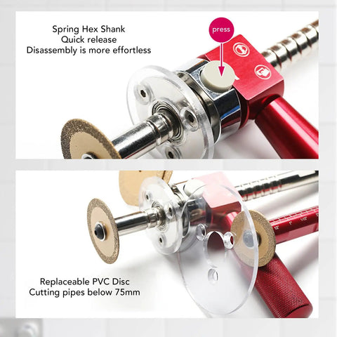 Inside Pipe Cutter Kit With One Quarter Inch Hex Shank Four Cutting Discs Two Inch And Three Inch Guide Plates Adjustable Depth