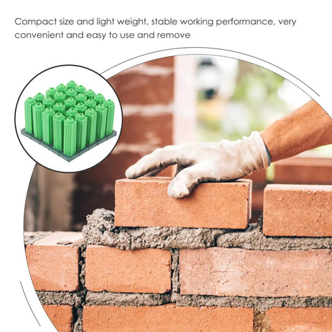 Green Plastic Drywall Anchor Kit With Self Tapping Screws for gypsum wallboard shown with a hand laying bricks