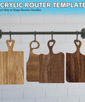 Clear acrylic router templates for woodworking displaying four wooden charcuterie boards with handles on a hanging rod.
