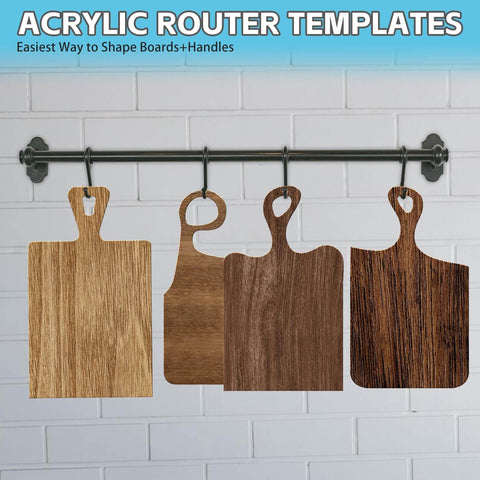 Clear acrylic router templates for woodworking displaying four wooden charcuterie boards with handles on a hanging rod.