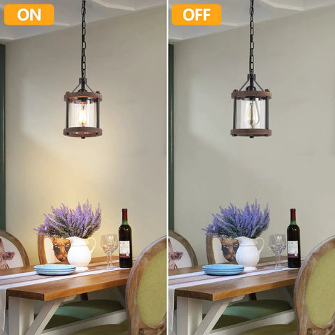 Cozy Farmhouse Style Plug In Pendant Light With Rustic Wood And Glass Cylinder shown on and off above a dining table