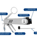 All In One Golf Multi Tool With Divot Repair Tool Ball Marker And Club Groove Brush Pen And Keyring shown with labeled features.