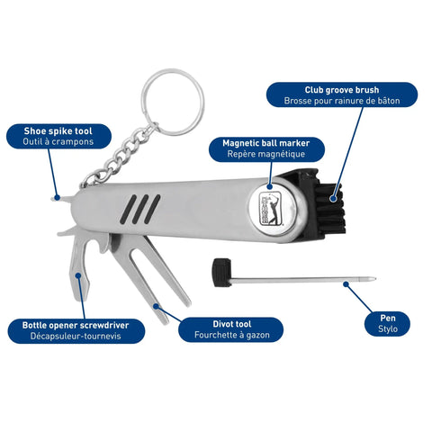 All In One Golf Multi Tool With Divot Repair Tool Ball Marker And Club Groove Brush Pen And Keyring shown with labeled features.