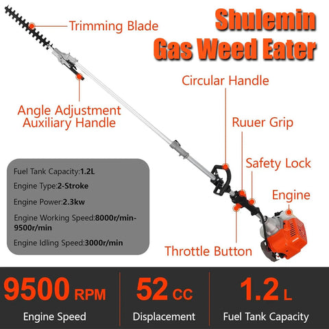 Beast Mode Gas Powered 6 In 1 Weed Eater Yard Tool With 52cc 2 Stroke Engine features labeled diagram