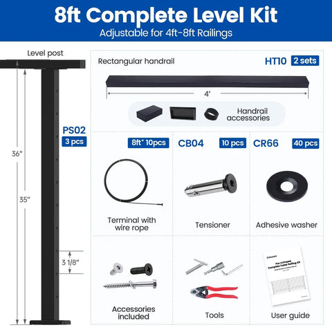 Upgraded 4-8 Ft Black Pre-Crimped Cable Railing Kit With 36 Inch System For Decks And Porches Includes Post And Handrail Easy DIY Install Swagless Design User Guide Complete Set RC01 packaging and components display.