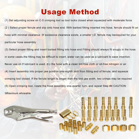 Front view of JZWELD hose repair kit with 1/4 inch ID torch hose fittings and brass crimping tool.