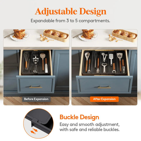 Expandable Utensil Drawer Organizer For Kitchen Drawers With Adjustable Cutlery Tray And Silverware Holder Plastic Spatula Tools Storage Divider Retractable 11 To 18 Inch Wide And 14 Inch Deep Black in before and after expansion view.
