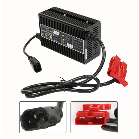 24V 10A Floor Scrubber Charger With SB120 Red Connector for Lead Acid Wet AGM Deep Cycle Batteries, shown with cable and plug