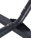 Close-up of heavy duty 12 ft hammock stand with portable steel cube frame; rust proof connectors and bolts visible, black