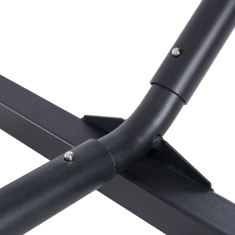 Close-up of heavy duty 12 ft hammock stand with portable steel cube frame; rust proof connectors and bolts visible, black