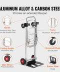 Front view of VEVOR aluminum folding hand truck; silver frame, 400 lb capacity, black rubber wheels.