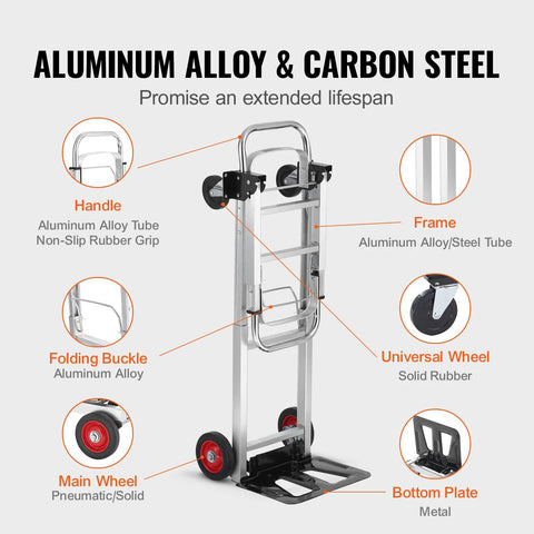 Front view of VEVOR aluminum folding hand truck; silver frame, 400 lb capacity, black rubber wheels.