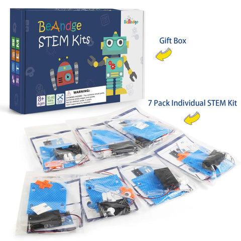 7 Pack Fiber Optic Lamp STEM Kit For Kids Ages 8-13 with gift box and individual kit packages displayed