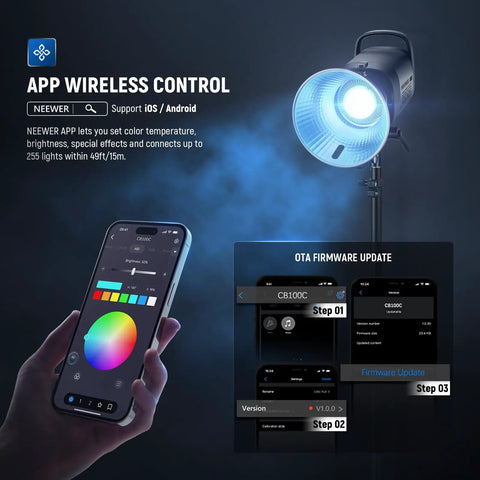 CB100C 130W RGB LED Video Light With App And 2.4G Wireless Remote, 360 Degrees Full Color Illumination shown with mobile app control