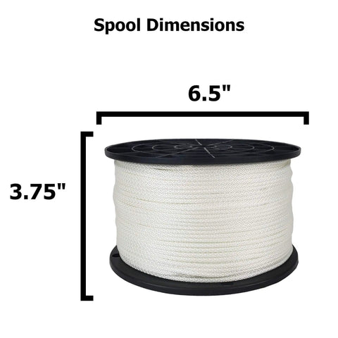 One Eighth Inch White Polyester Rope With Solid Braid Dacron Five Hundred Foot Spool Low Stretch UV Resistant Industrial Utility Cord