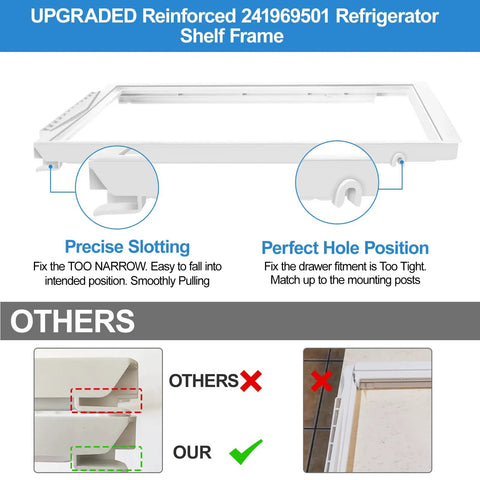 Upgraded 241969501 Refrigerator Shelf Frame with precise slotting and hole position for easy fit, highlighted guidelines shown