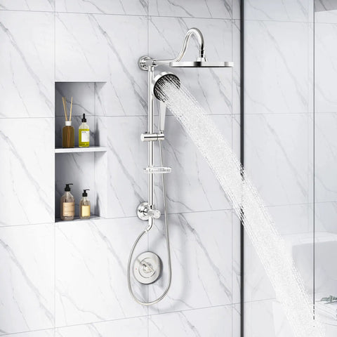 9 Inch Rainfall Shower Head And Handheld Showerhead Combo With Slide Bar In Brushed Nickel, shower sprays in modern bathroom