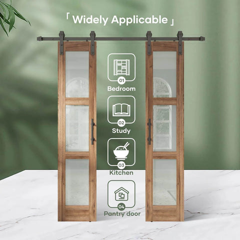 Double 18 By 84 Inch Glass Barn Doors With 36 Inch Opening, 6.6 Ft Beefed-Up Hardware Kit, 3 Panel Frosted Glass, LVL Wood