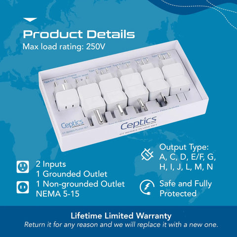 World Travel Adapter Kit 11 Pack 2 In 1 Grounded Power Adapter For USA To Europe Asia Africa India Japan Australia Brazil China Israel And More Safe For Phones Laptops And Chargers shown in display case