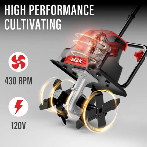Beast Corded Electric Tiller With 12 Inch Cutting Width And 8 Inch Till Depth, showcasing high performance features, 430 RPM motor.