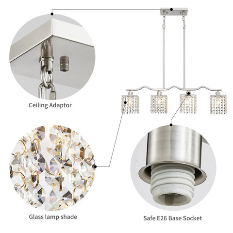 Crystal Chandelier Four Light Linear Raindrop Pendant Ceiling Light with Nickel Finish, includes E12 socket and glass lamp shade detail