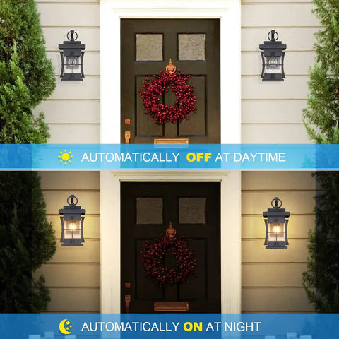 Ultra Durable Dusk To Dawn Outdoor Wall Light In Black Finish With Seeded Glass Shade IP65 Waterproof Exterior Wall Mount Fixture