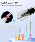1ml Luer Lock Syringe Without Needle Pack Of 30 Sterile Plastic Syringes Individually Sealed For Lab Use Plant Cultivation Classroom Demos And Home Projects With Leakproof Top Luer Lock Smooth Plunger And Clear Markings. Close-up luer lock tip with needle.