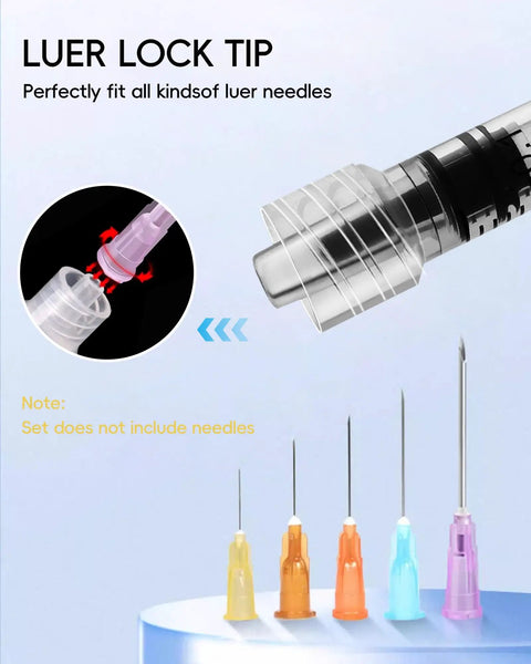 1ml Luer Lock Syringe Without Needle Pack Of 30 Sterile Plastic Syringes Individually Sealed For Lab Use Plant Cultivation Classroom Demos And Home Projects With Leakproof Top Luer Lock Smooth Plunger And Clear Markings. Close-up luer lock tip with needle.