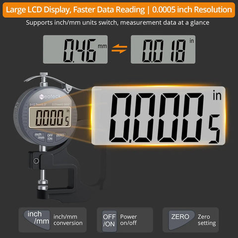 Digital Thickness Gauge For Leather Paper Fabric And Film With 0.0005 Inch Resolution And 0 To 0.5 Inch Range One Hand Operation With Inch Millimeter Conversion And Large LCD Display