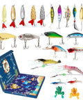24 Piece Fishing Lure Kit Tackle Box Set With Bass Lures Variety Pack Poppers Minnows Frogs Soft Baits Spoons Displayed