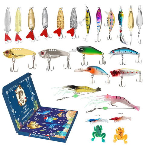 24 Piece Fishing Lure Kit Tackle Box Set With Bass Lures Variety Pack Poppers Minnows Frogs Soft Baits Spoons Displayed