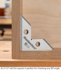 Woodpeckers DeadNutz machinist square, 3-1/2 in stainless steel precision square installed at a wood corner