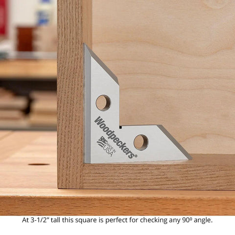 Woodpeckers DeadNutz machinist square, 3-1/2 in stainless steel precision square installed at a wood corner