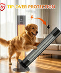 Golden retriever interacting with a tipped Grab And Go 1500W Infrared Patio Heater For Outdoor And Indoor Use, in a living room.