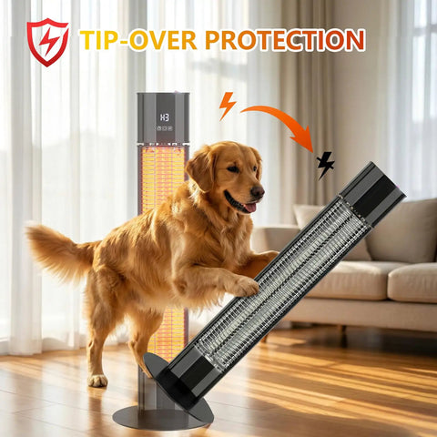 Golden retriever interacting with a tipped Grab And Go 1500W Infrared Patio Heater For Outdoor And Indoor Use, in a living room.