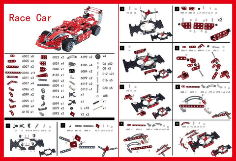 Instructions and pieces of Metal Model Racing Car Kit With 287 Pieces For Kids 8 Plus STEM Building Toy Real Screws Nuts Bolts And Tools