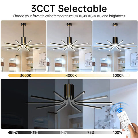 Modern LED Chandelier 82W Black And Gold 10 Light Ceiling Pendant with Dimmable Remote Control color temperature selection