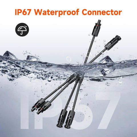 Y Branch MC4 Parallel Connector Kit For Solar Panels, 1M2F And 2M1F Pairs floating in water highlighting IP67 waterproof rating