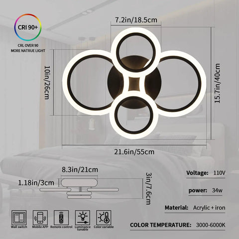34W Dimmable LED Ceiling Light With Four Ring Black Flush Mount 3000K To 6000K Color Temp Remote Control 2720 Lumens