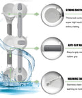 19 Inch Suction Cup Grab Bars For Showers And Bathtubs With Red Green Indicators For Secure Install Elderly Handicap Seniors Balance Assist Non Slip Safety Handle Rail That Wont Slip Off, showing features like strong suction cups, anti-slip handle, and warning switch.