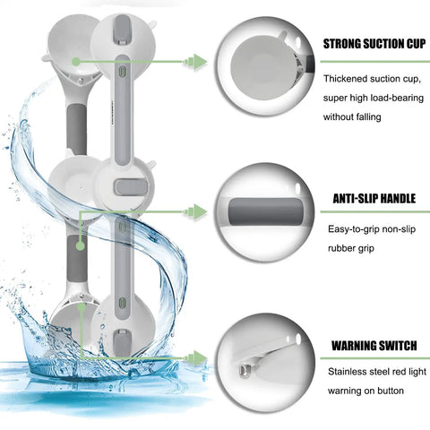 19 Inch Suction Cup Grab Bars For Showers And Bathtubs With Red Green Indicators For Secure Install Elderly Handicap Seniors Balance Assist Non Slip Safety Handle Rail That Wont Slip Off, showing features like strong suction cups, anti-slip handle, and warning switch.