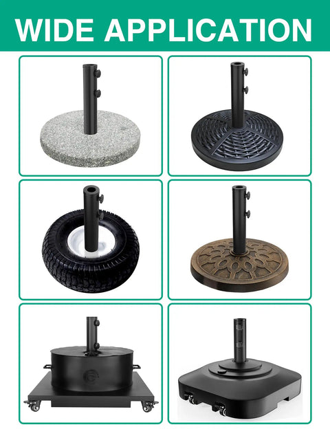 Universal Umbrella Pole Mount Tube And Base Replacement Parts Set with six diverse base designs for outdoor use.
